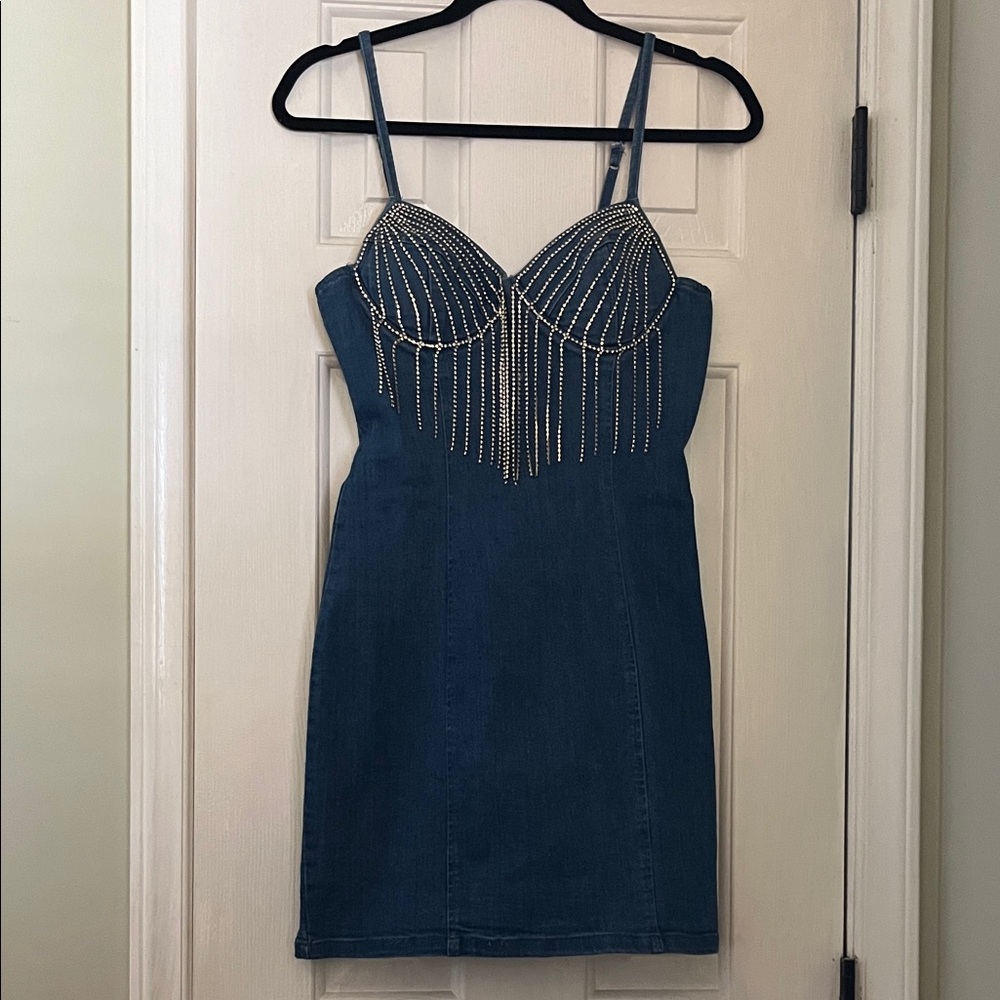 Chic Blue Denim Dress with Rhinestone Accents